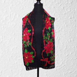 Christmas Holiday Scarf Womens Poinsettia Print Black Red Semi Sheer Floral Long